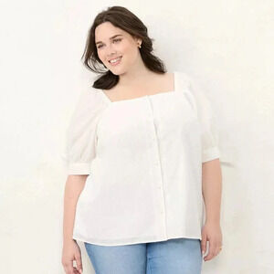 Lauren Conrad White Swiss Dot Puff Sleeve Square Neck Blouse XXL F3